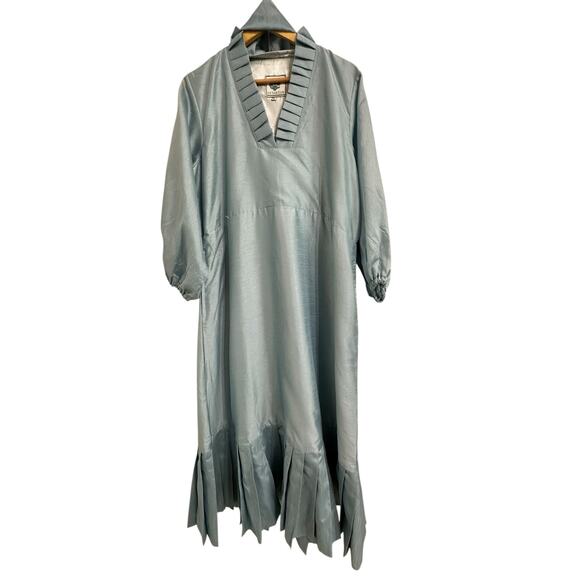 Sue Sartor Pleated flounce maxi mist raw silk taffeta dress size XL $595 - Picture 2 of 8